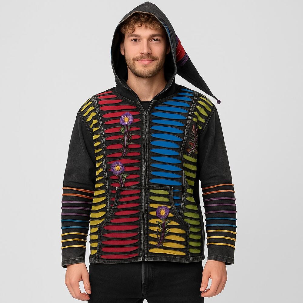 VTG Rainbow Hoodie Boho ,Hippie embroidery ,patchwork , Artsy Unisex Size-M
